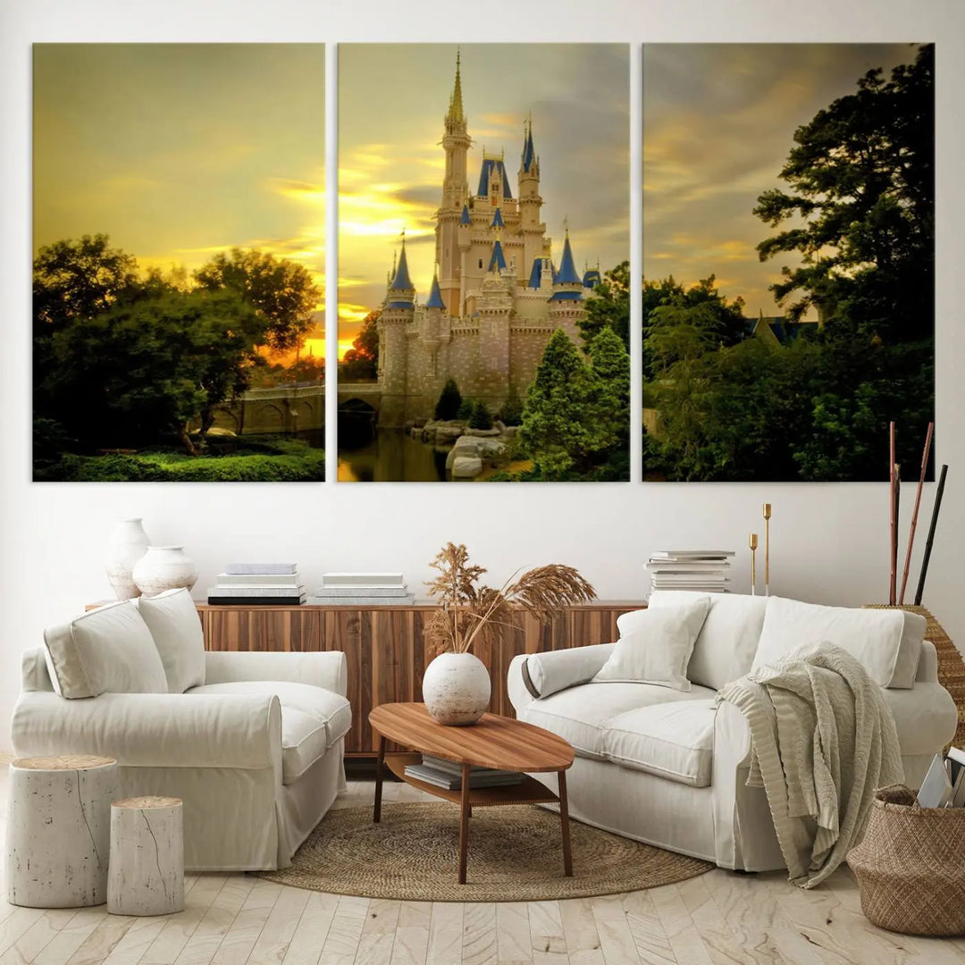 A Castle Wall Art Print of a fairytale castle sunset on canvas is mounted on the wall.