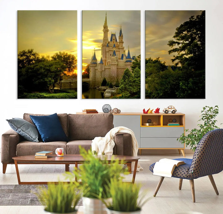 A Castle Wall Art Print of a fairytale castle sunset on canvas is mounted on the wall.