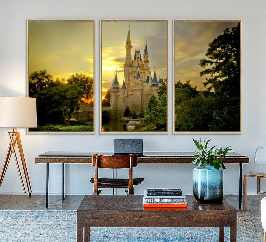 A Castle Wall Art Print of a fairytale castle sunset on canvas is mounted on the wall.