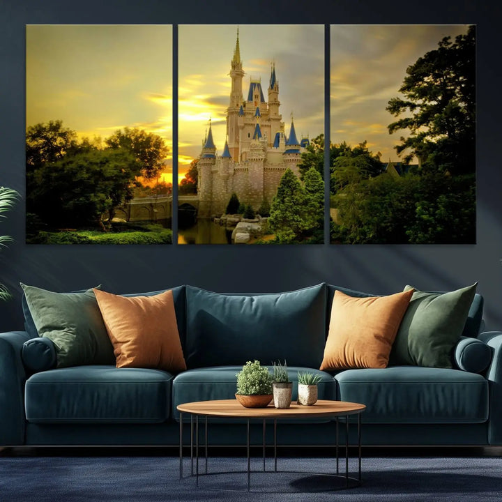 A Castle Wall Art Print of a fairytale castle sunset on canvas is mounted on the wall.