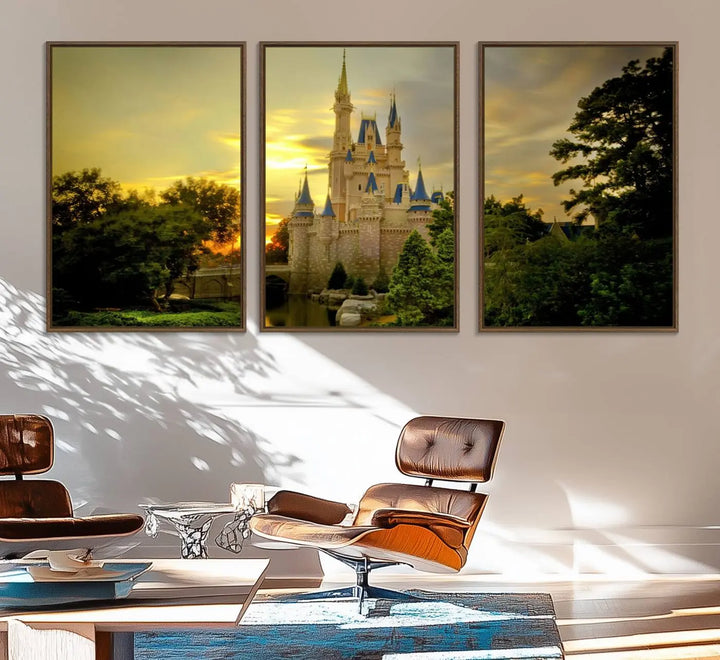 A Castle Wall Art Print of a fairytale castle sunset on canvas is mounted on the wall.