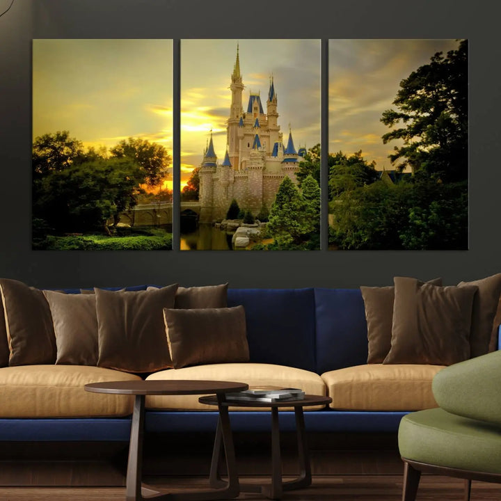 A Castle Wall Art Print of a fairytale castle sunset on canvas is mounted on the wall.