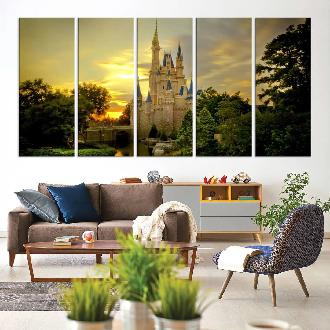 A Castle Wall Art Print of a fairytale castle sunset on canvas is mounted on the wall.