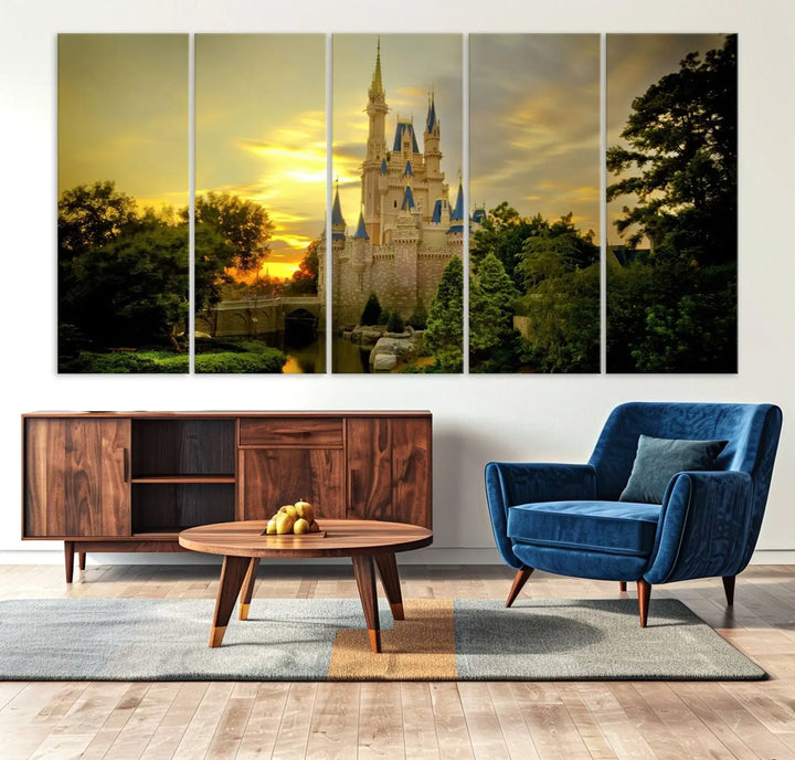 A Castle Wall Art Print of a fairytale castle sunset on canvas is mounted on the wall.