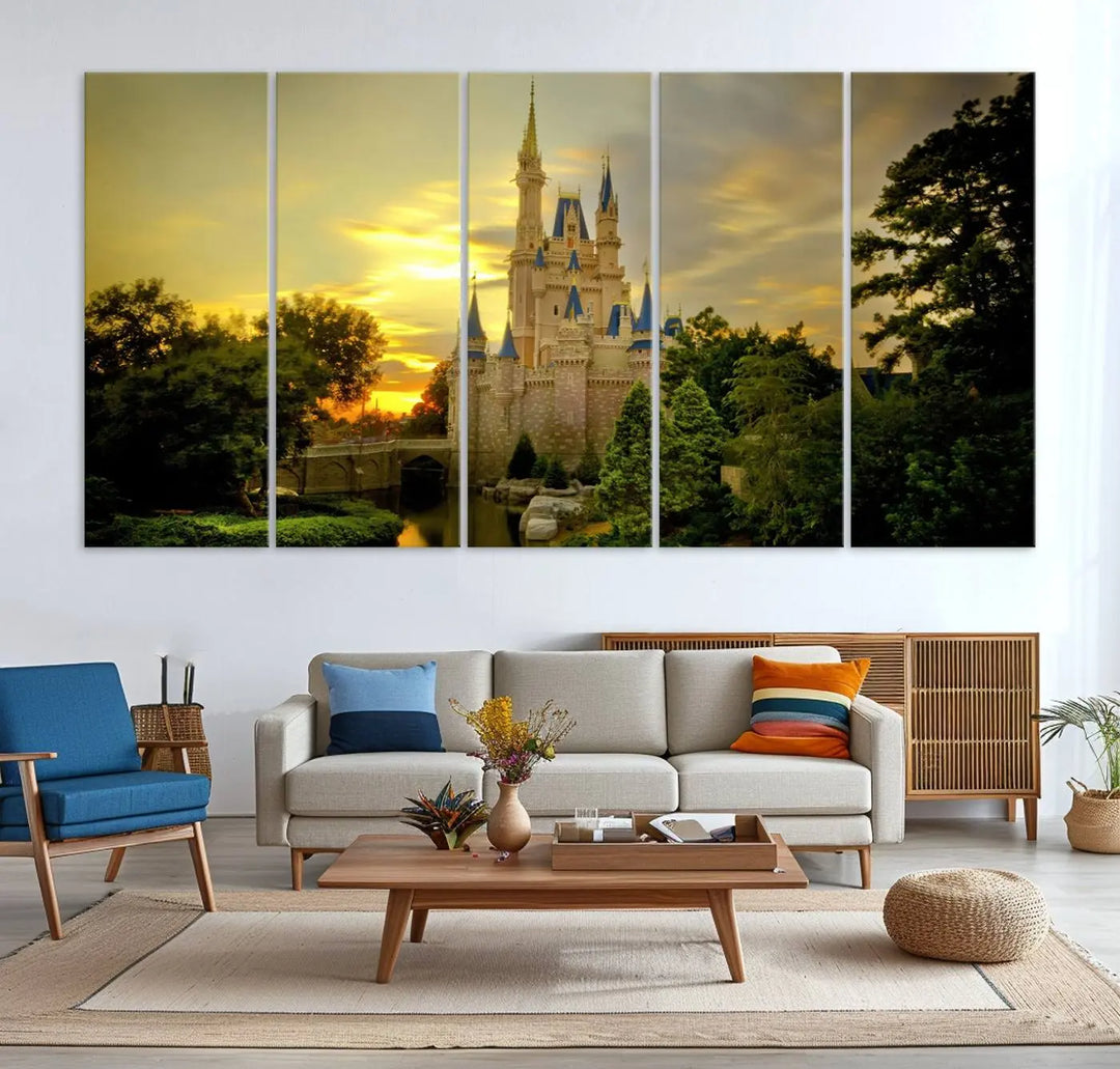 A Castle Wall Art Print of a fairytale castle sunset on canvas is mounted on the wall.