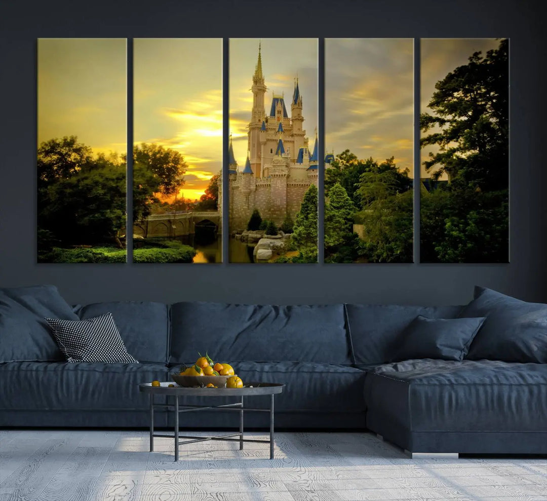 A Castle Wall Art Print of a fairytale castle sunset on canvas is mounted on the wall.