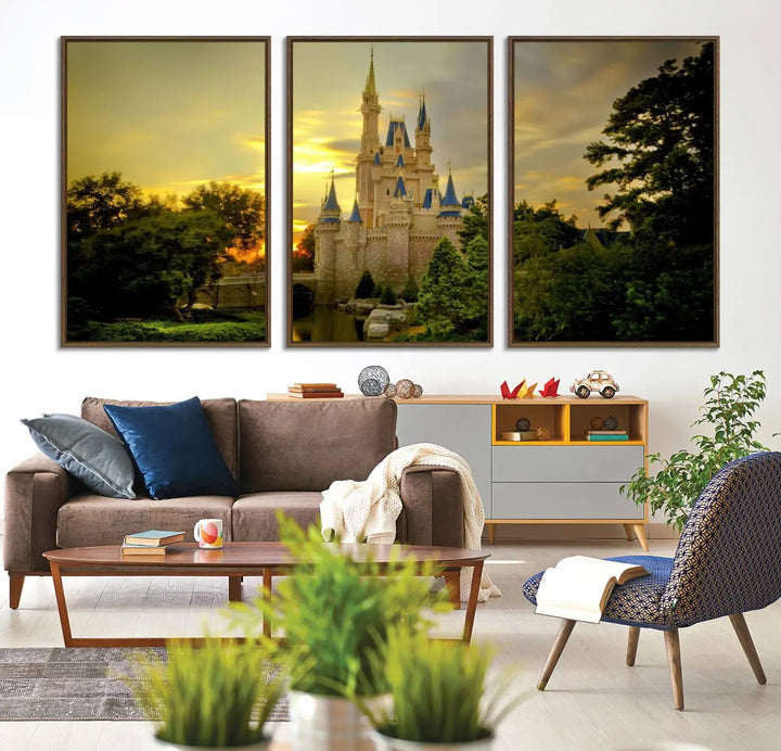 A Castle Wall Art Print of a fairytale castle sunset on canvas is mounted on the wall.