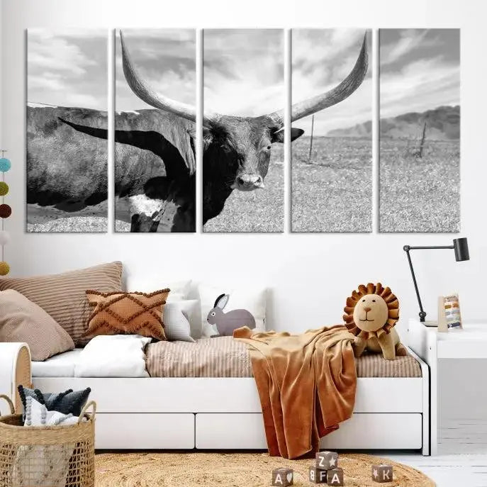 A black and white image of a longhorn cow, expertly divided into three panels, is printed on high-quality poly-cotton canvas. This Cattle Wall Art Longhorn Cow Canvas Print is professionally hand-assembled. Enjoy the ease of free shipping included with your purchase for ultimate convenience.