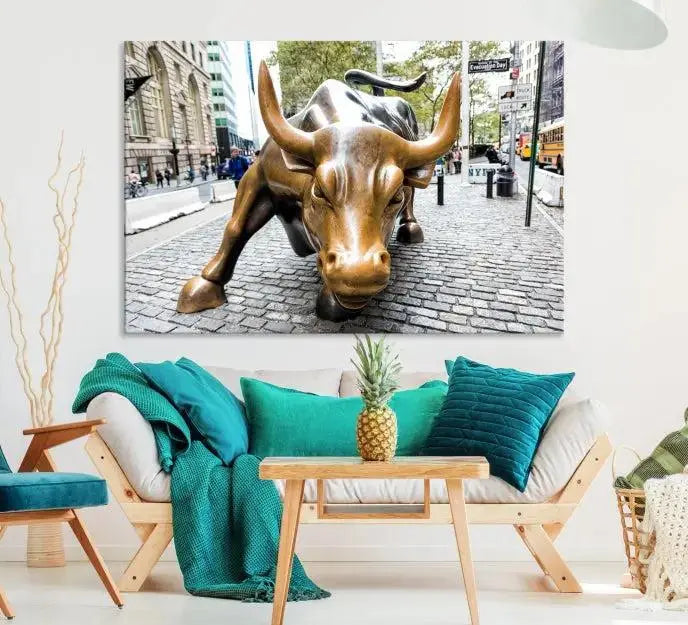 A living room showcases a triptych of the Charging Bull Wall Art Canvas Print on museum-quality canvas.