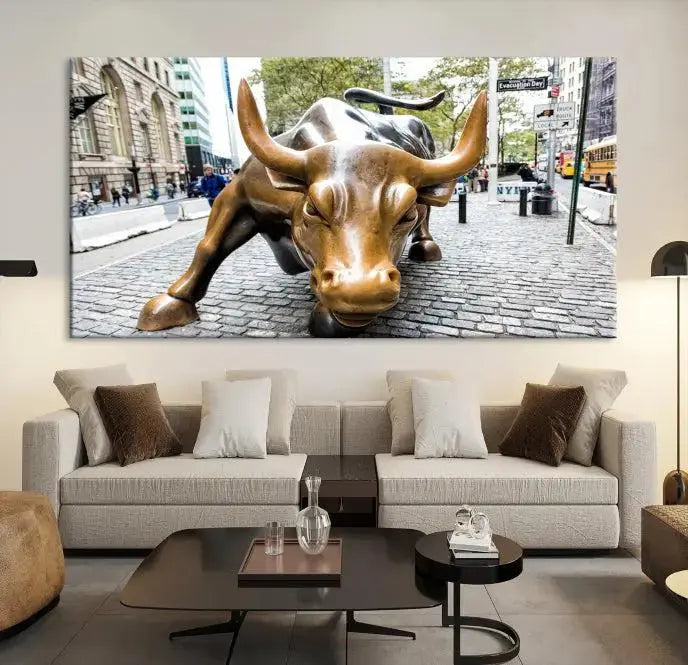 A living room showcases a triptych of the Charging Bull Wall Art Canvas Print on museum-quality canvas.