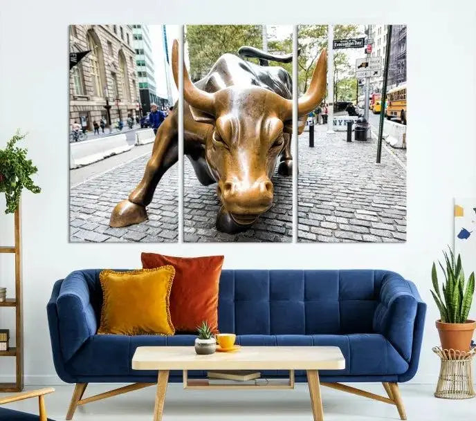 A living room showcases a triptych of the Charging Bull Wall Art Canvas Print on museum-quality canvas.