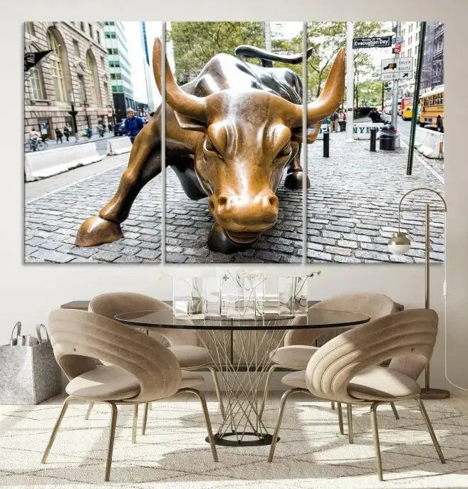 A living room showcases a triptych of the Charging Bull Wall Art Canvas Print on museum-quality canvas.