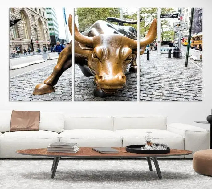 A living room showcases a triptych of the Charging Bull Wall Art Canvas Print on museum-quality canvas.