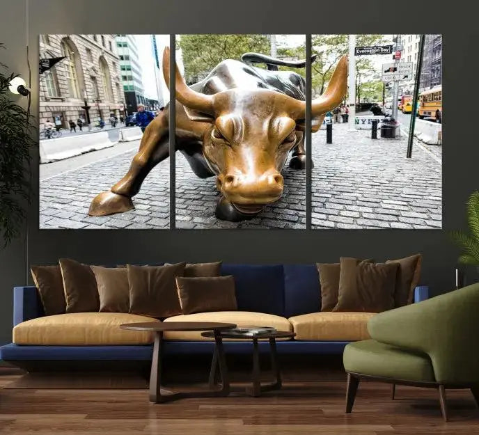 A living room showcases a triptych of the Charging Bull Wall Art Canvas Print on museum-quality canvas.