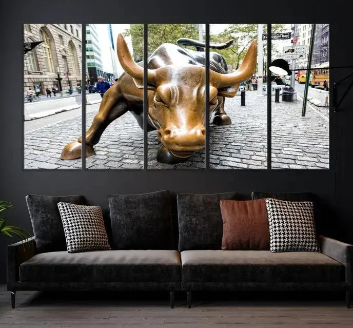 A living room showcases a triptych of the Charging Bull Wall Art Canvas Print on museum-quality canvas.