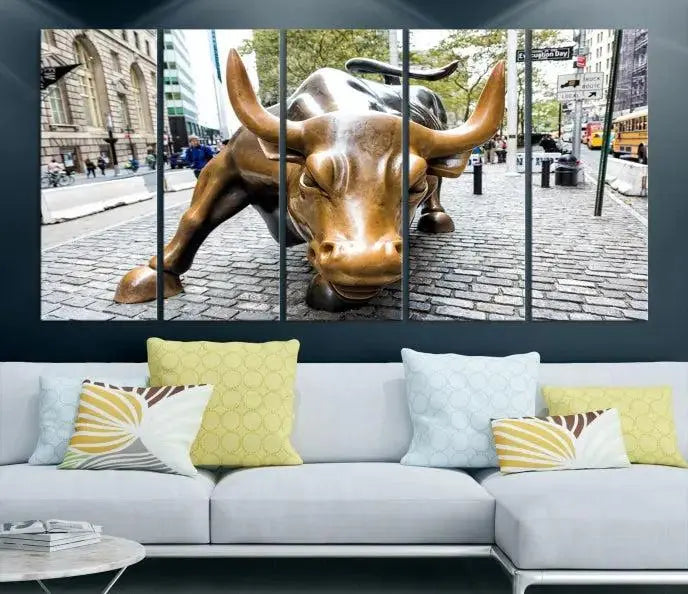 A living room showcases a triptych of the Charging Bull Wall Art Canvas Print on museum-quality canvas.