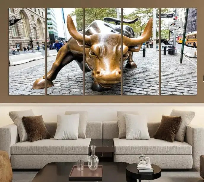 A living room showcases a triptych of the Charging Bull Wall Art Canvas Print on museum-quality canvas.