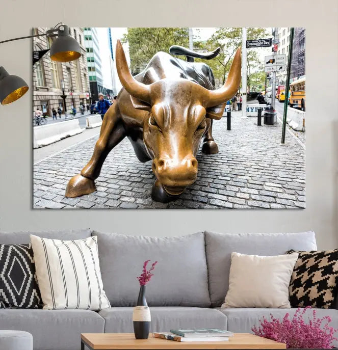 A living room showcases a triptych of the Charging Bull Wall Art Canvas Print on museum-quality canvas.