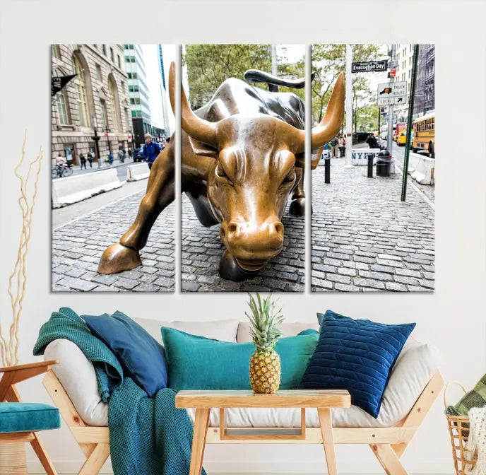 A living room showcases a triptych of the Charging Bull Wall Art Canvas Print on museum-quality canvas.