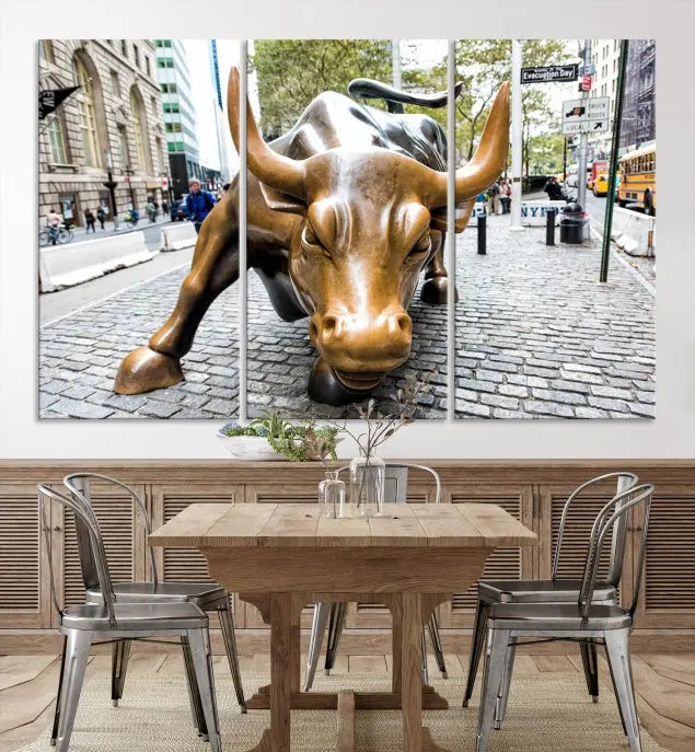 A living room showcases a triptych of the Charging Bull Wall Art Canvas Print on museum-quality canvas.