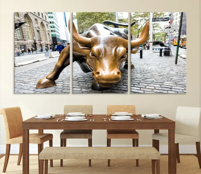 A living room showcases a triptych of the Charging Bull Wall Art Canvas Print on museum-quality canvas.