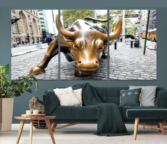 A living room showcases a triptych of the Charging Bull Wall Art Canvas Print on museum-quality canvas.