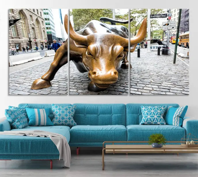 A living room showcases a triptych of the Charging Bull Wall Art Canvas Print on museum-quality canvas.