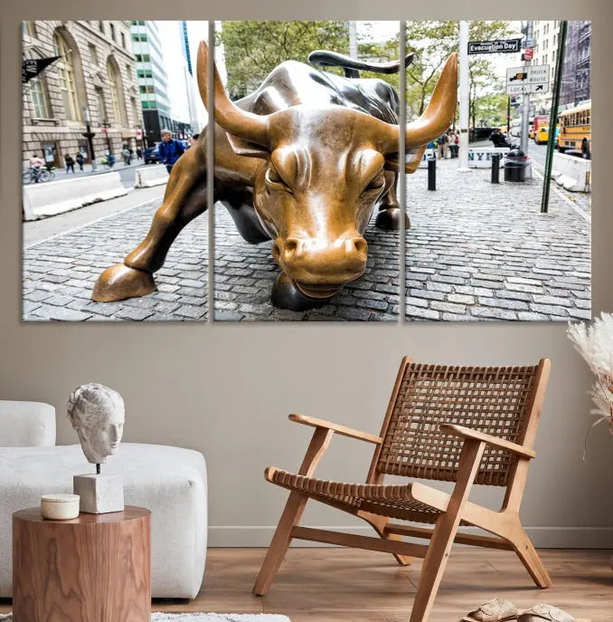 A living room showcases a triptych of the Charging Bull Wall Art Canvas Print on museum-quality canvas.