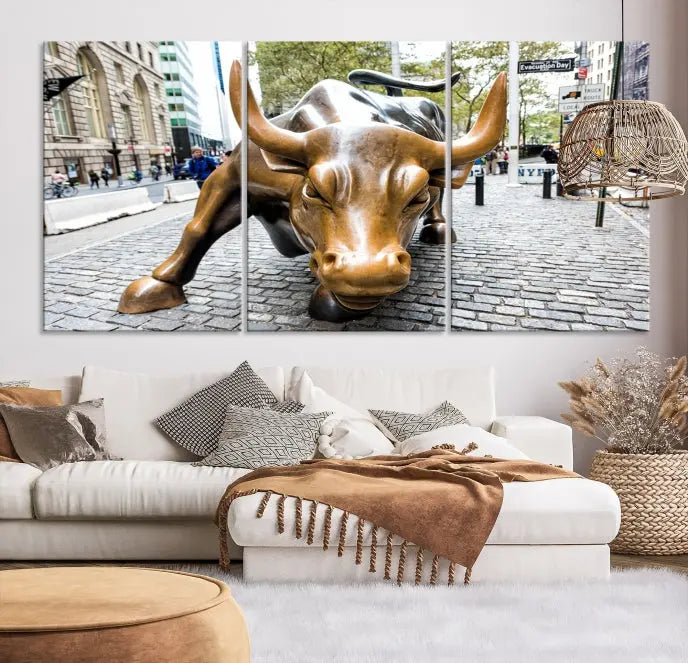 A living room showcases a triptych of the Charging Bull Wall Art Canvas Print on museum-quality canvas.