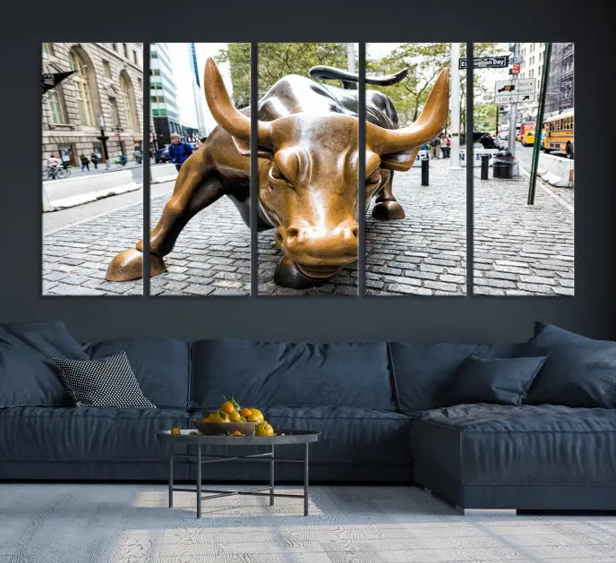 A living room showcases a triptych of the Charging Bull Wall Art Canvas Print on museum-quality canvas.