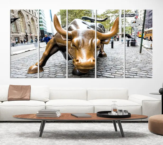 A living room showcases a triptych of the Charging Bull Wall Art Canvas Print on museum-quality canvas.