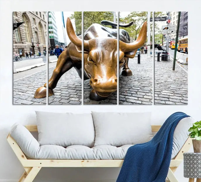 A living room showcases a triptych of the Charging Bull Wall Art Canvas Print on museum-quality canvas.