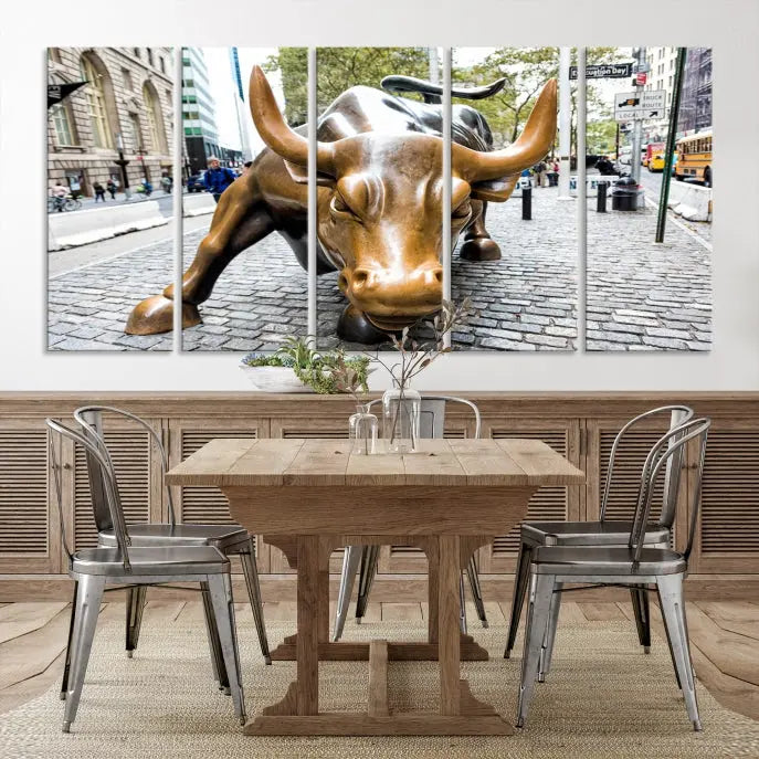 A living room showcases a triptych of the Charging Bull Wall Art Canvas Print on museum-quality canvas.