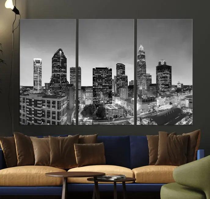 A Charlotte City Cloudy Skyline Black and White Wall Art cityscape canvas print, elegantly gallery-wrapped on museum-quality material, hangs beautifully. This stunning artwork can transform any dimly lit room into an elegant space, with the added bonus of free shipping.