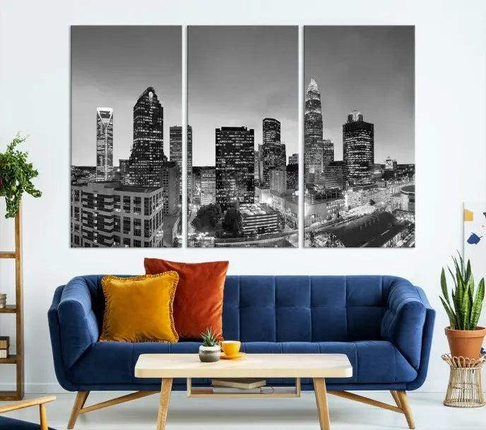 A Charlotte City Cloudy Skyline Black and White Wall Art cityscape canvas print, elegantly gallery-wrapped on museum-quality material, hangs beautifully. This stunning artwork can transform any dimly lit room into an elegant space, with the added bonus of free shipping.