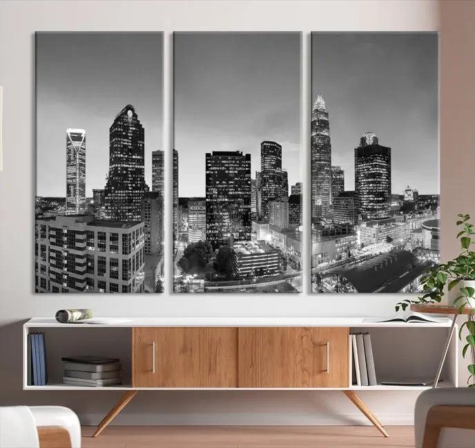 A Charlotte City Cloudy Skyline Black and White Wall Art cityscape canvas print, elegantly gallery-wrapped on museum-quality material, hangs beautifully. This stunning artwork can transform any dimly lit room into an elegant space, with the added bonus of free shipping.