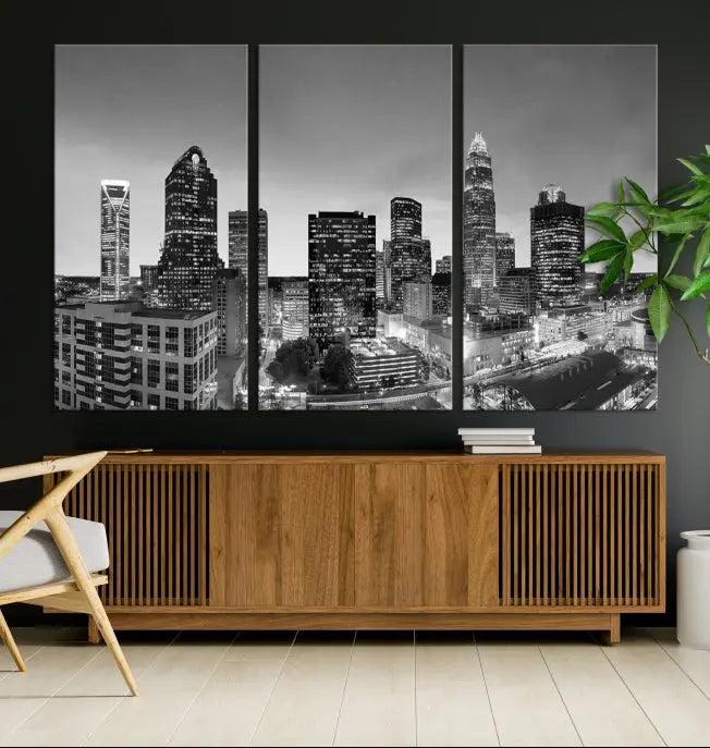 A Charlotte City Cloudy Skyline Black and White Wall Art cityscape canvas print, elegantly gallery-wrapped on museum-quality material, hangs beautifully. This stunning artwork can transform any dimly lit room into an elegant space, with the added bonus of free shipping.