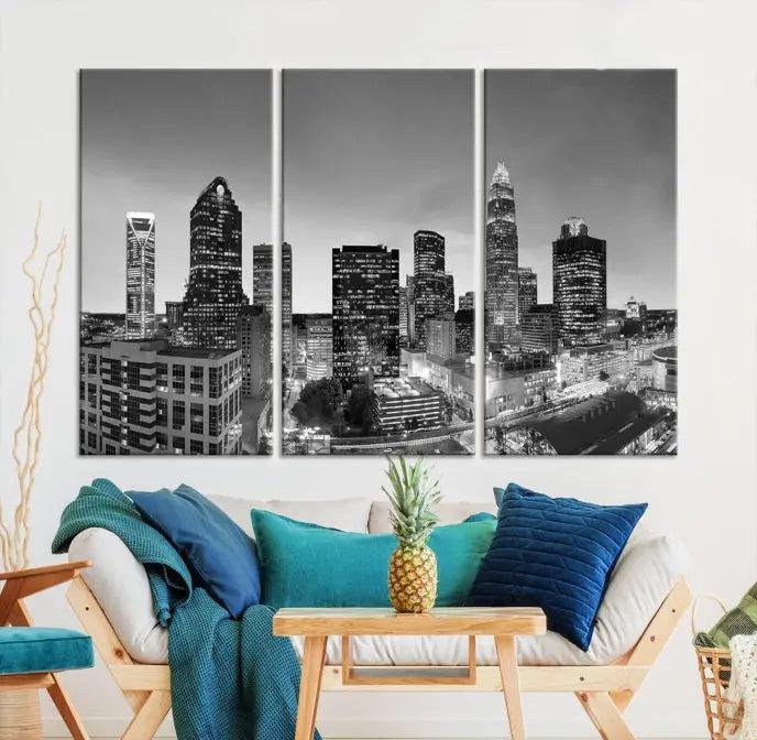 A Charlotte City Cloudy Skyline Black and White Wall Art cityscape canvas print, elegantly gallery-wrapped on museum-quality material, hangs beautifully. This stunning artwork can transform any dimly lit room into an elegant space, with the added bonus of free shipping.