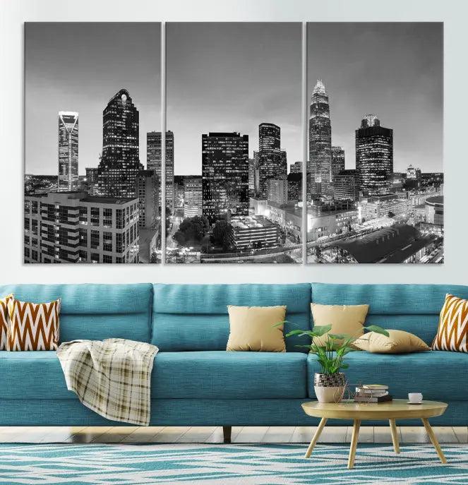 A Charlotte City Cloudy Skyline Black and White Wall Art cityscape canvas print, elegantly gallery-wrapped on museum-quality material, hangs beautifully. This stunning artwork can transform any dimly lit room into an elegant space, with the added bonus of free shipping.