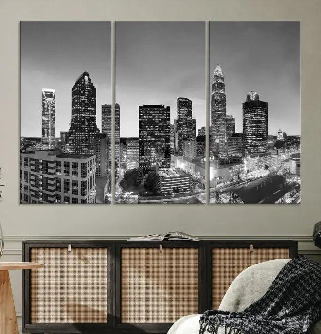 A Charlotte City Cloudy Skyline Black and White Wall Art cityscape canvas print, elegantly gallery-wrapped on museum-quality material, hangs beautifully. This stunning artwork can transform any dimly lit room into an elegant space, with the added bonus of free shipping.