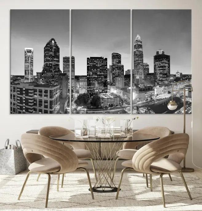 A Charlotte City Cloudy Skyline Black and White Wall Art cityscape canvas print, elegantly gallery-wrapped on museum-quality material, hangs beautifully. This stunning artwork can transform any dimly lit room into an elegant space, with the added bonus of free shipping.