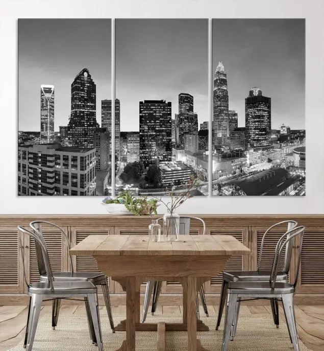 A Charlotte City Cloudy Skyline Black and White Wall Art cityscape canvas print, elegantly gallery-wrapped on museum-quality material, hangs beautifully. This stunning artwork can transform any dimly lit room into an elegant space, with the added bonus of free shipping.