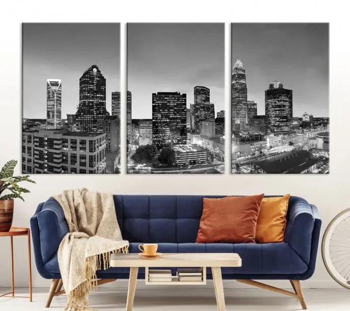 A Charlotte City Cloudy Skyline Black and White Wall Art cityscape canvas print, elegantly gallery-wrapped on museum-quality material, hangs beautifully. This stunning artwork can transform any dimly lit room into an elegant space, with the added bonus of free shipping.