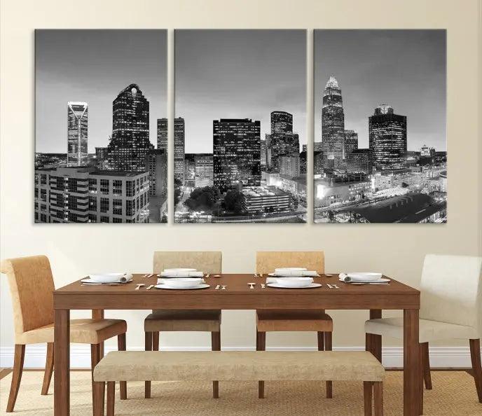 A Charlotte City Cloudy Skyline Black and White Wall Art cityscape canvas print, elegantly gallery-wrapped on museum-quality material, hangs beautifully. This stunning artwork can transform any dimly lit room into an elegant space, with the added bonus of free shipping.