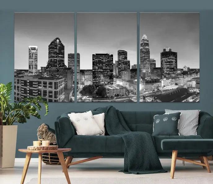 A Charlotte City Cloudy Skyline Black and White Wall Art cityscape canvas print, elegantly gallery-wrapped on museum-quality material, hangs beautifully. This stunning artwork can transform any dimly lit room into an elegant space, with the added bonus of free shipping.