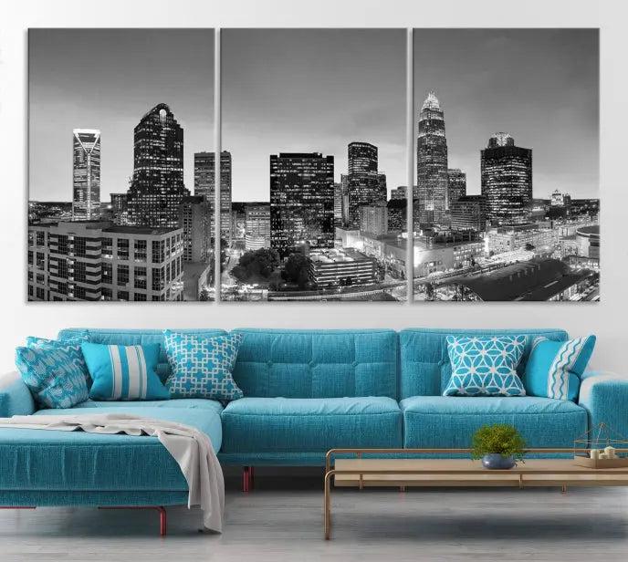 A Charlotte City Cloudy Skyline Black and White Wall Art cityscape canvas print, elegantly gallery-wrapped on museum-quality material, hangs beautifully. This stunning artwork can transform any dimly lit room into an elegant space, with the added bonus of free shipping.