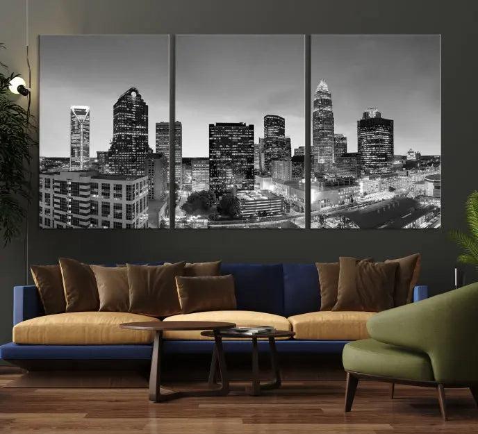 A Charlotte City Cloudy Skyline Black and White Wall Art cityscape canvas print, elegantly gallery-wrapped on museum-quality material, hangs beautifully. This stunning artwork can transform any dimly lit room into an elegant space, with the added bonus of free shipping.