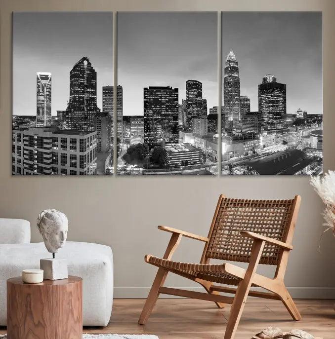 A Charlotte City Cloudy Skyline Black and White Wall Art cityscape canvas print, elegantly gallery-wrapped on museum-quality material, hangs beautifully. This stunning artwork can transform any dimly lit room into an elegant space, with the added bonus of free shipping.