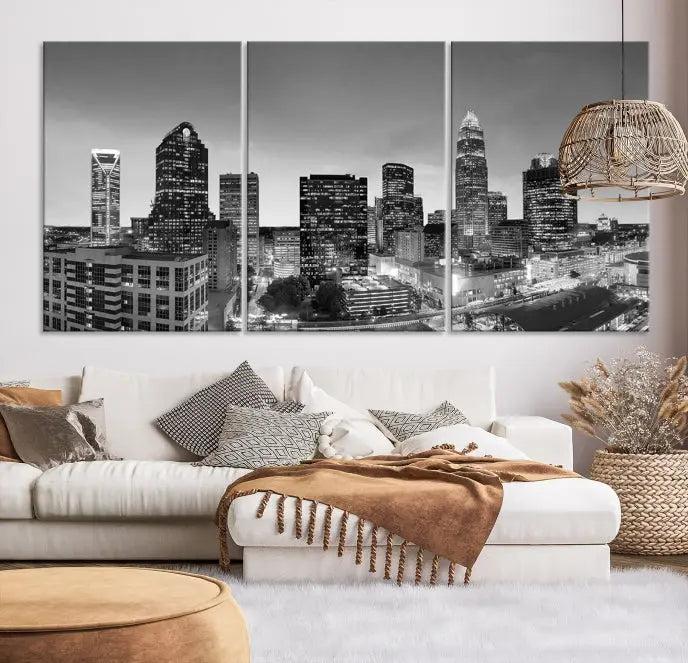 A Charlotte City Cloudy Skyline Black and White Wall Art cityscape canvas print, elegantly gallery-wrapped on museum-quality material, hangs beautifully. This stunning artwork can transform any dimly lit room into an elegant space, with the added bonus of free shipping.