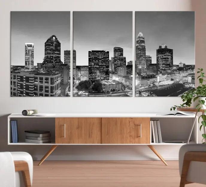 A Charlotte City Cloudy Skyline Black and White Wall Art cityscape canvas print, elegantly gallery-wrapped on museum-quality material, hangs beautifully. This stunning artwork can transform any dimly lit room into an elegant space, with the added bonus of free shipping.